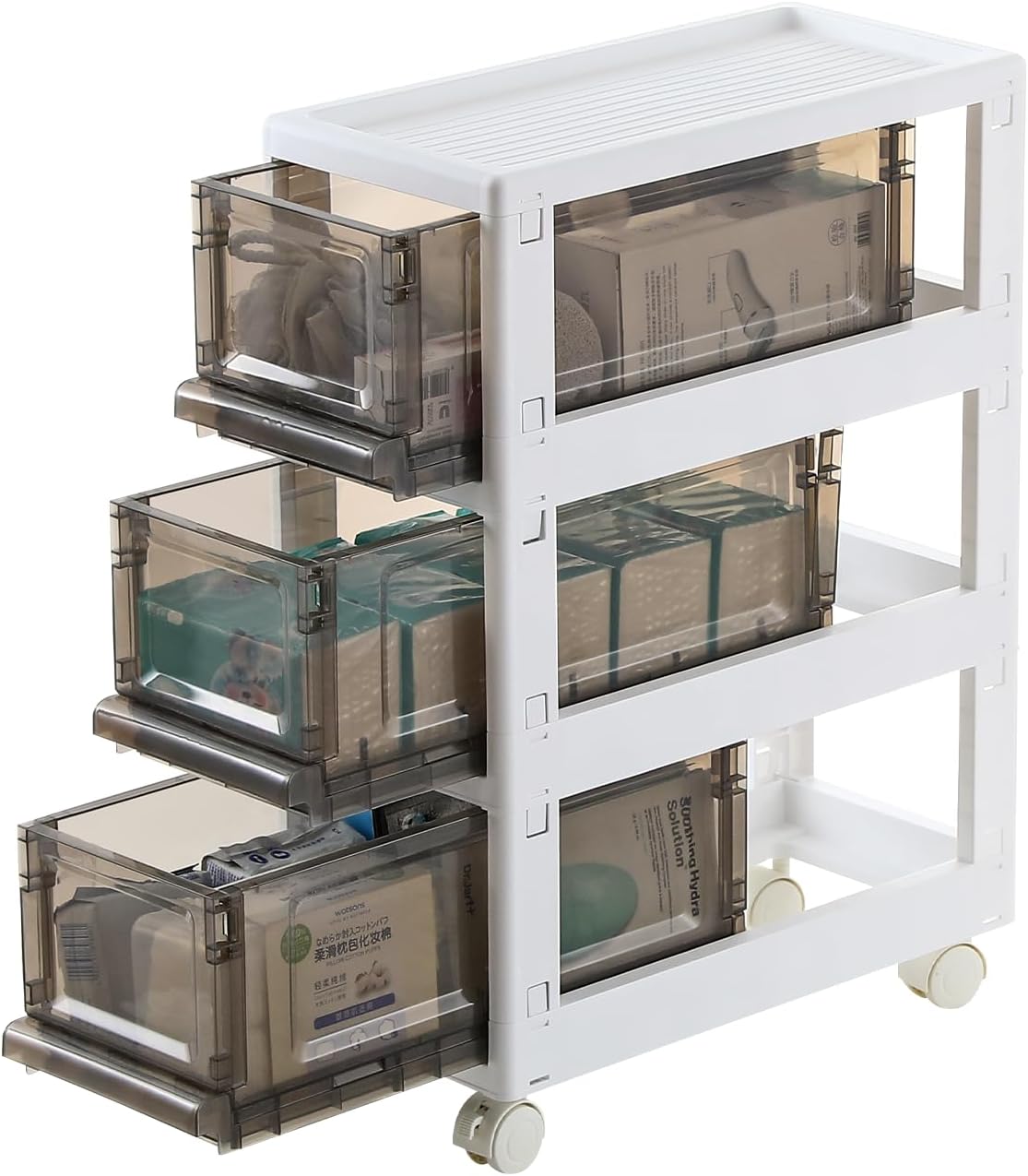 Plastic 3 Drawer Storage Organizer, Narrow Plastic Storage Drawers with Wheels, Storage Cart with Drawers for Small and Narrow Space, 7.87-inch Wide (gray)
