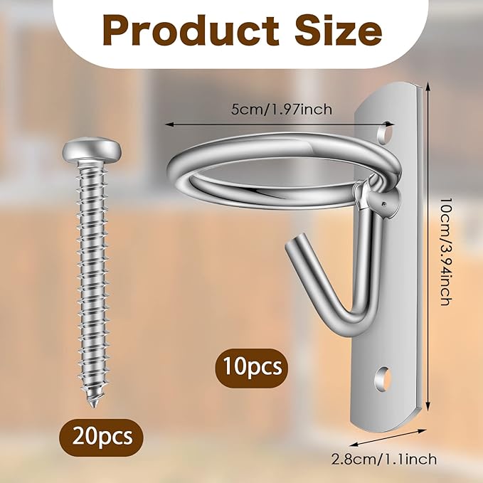Dunzy 10 Pcs Bucket Hooks for Horses Metal Equestrian Water Bucket Hook Wall Mount Holder for Horse Stall Feed Barn Farmhouse Supplies(Silver)