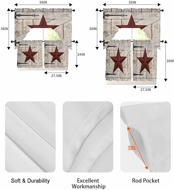 Village Stars Swag Kitchen Curtains Valance and Tier Set, Vintage Dark Red Star