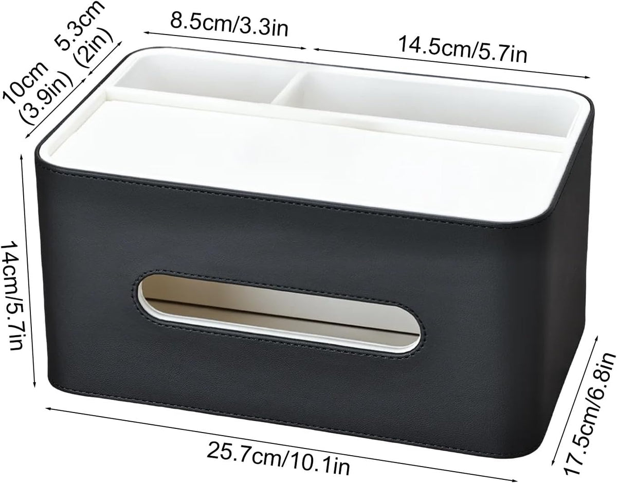 PU Leather Tissue Box Cover Rectangular with Storage Organizer Tray, Multifunctional Remote Control Holder, Desk Organizer for Living Room, Bedroom, Office, Decorative Tissue Holder Black