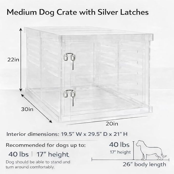 Clear Acrylic Medium Dog Crate Furniture with Linen Cushion for Medium Dogs up to 40 lbs, 3 in 1 Pet Crate and Gate, Modern Furniture Style Indoor Kennel, Dual Silver Latch, 20 x 30 x 22 in