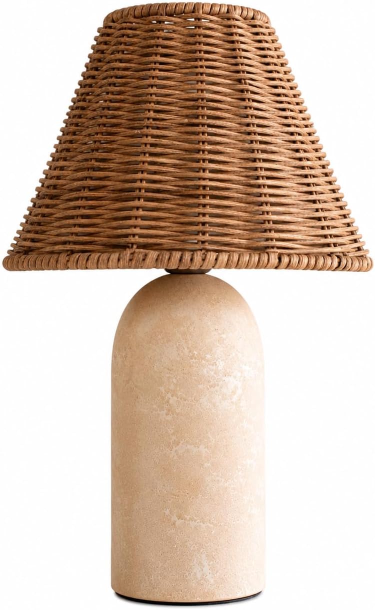 14" Small Mini Wicker Table Lamp – Handmade Ceramic Base with Rattan Shade, Dimmable Nightstand or Accent Light for Nursey, Kitchen Counter, Small Spaces, Bookshelf, Nightstand – Boho Decor