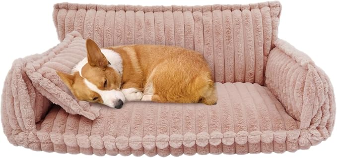 Pet Couch Bed for Dog and Cat, Plush Calming Couch for Pets with Removable Washable Cover, Modern Sofa Style Pet Bed for Home Living Room (Pink)
