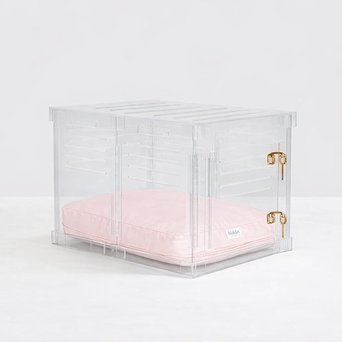 Clear Acrylic Small Dog Crate Furniture with Blush Cushion for Small Dogs up to 22 lbs, 3 in 1 Pet Crate and Gate, Modern Furniture Style Indoor Kennel, Dual Gold Latch, 16 x 24 x 18 in