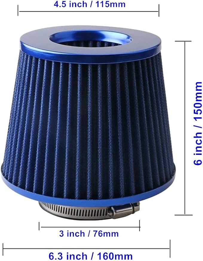 Cone Air Filter 3 Inch Inlet, Clamp-on 76mm/3" Cold Air Intake Filter, Washable