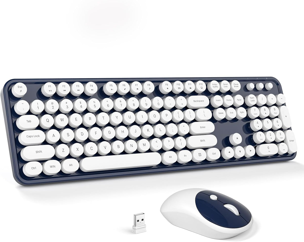Wireless Keyboard and Mouse Combo - GEEZER Deepblue-White Full-Sized Colorful Keyboard 104 Keys - USB 2.4 G Receiver Plug and Play Round Keycap Typewriter Keyboards, for Windows, PC, Laptop, Desktop