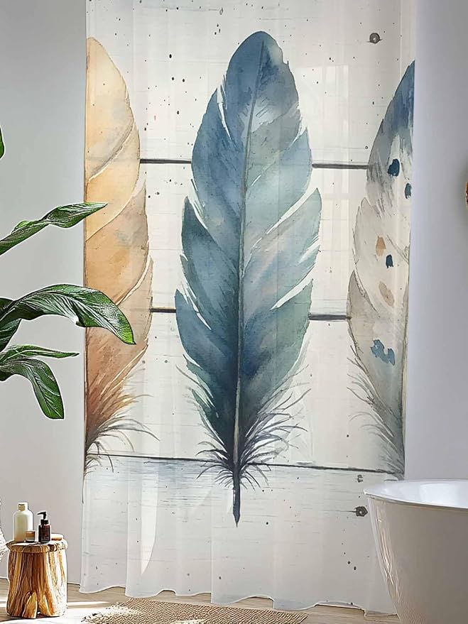 Sheer Curtains 96 Inches Long, Boho Blue Feathers Semi Sheer Curtains Light