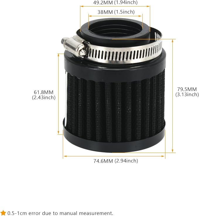 PTNHZ Universal Black Neck 1.5" 38mm Car High Flow Cold Air Intake Air Filter