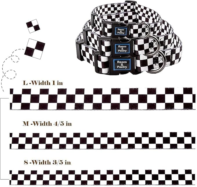 Roses&Poetry Dog Collar with Colourful Checkered Patterns, Adjustable Durable Puppy Collars for Small Medium Large Dogs (Black & White-S)
