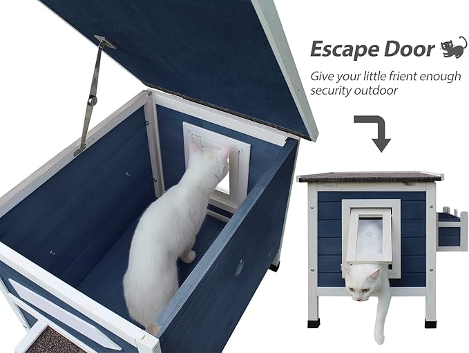 Rockever Outdoor Cat House, Large Outdoor Houses for Feral Cats Wooden Outside Cat Shelter Weatherproof with Escape Door