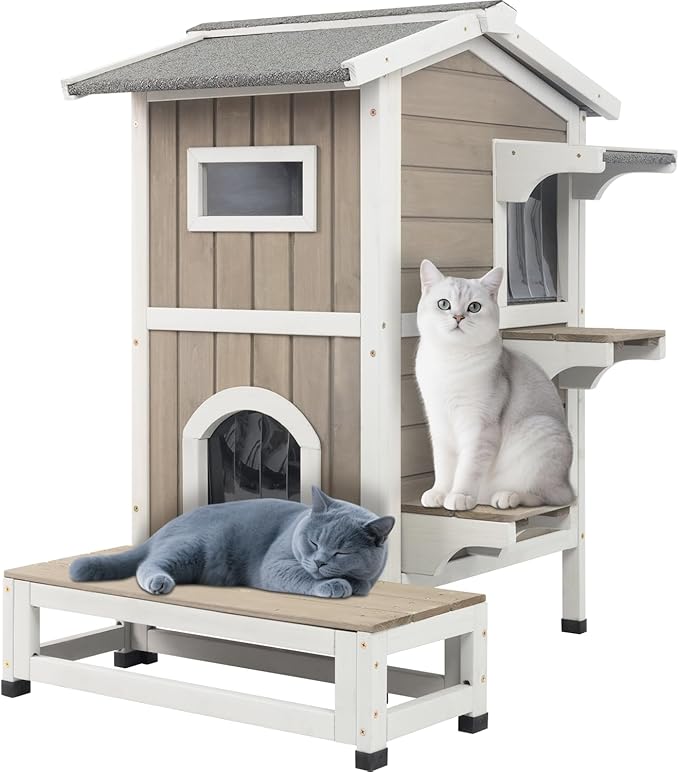 PetsCosset Outdoor Cat House Feral Cats Shelter Weatherproof with Balcony, 2-Story Wooden Outside Pet C at House with Openable Roof, 4 Door, 2 Platforms