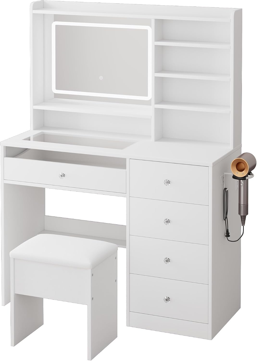 LIVELYGLOW 39.4" White Vanity Desk Set with Glass Desktop & RGB Light Strip
