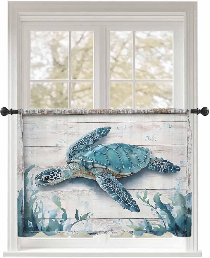 Sheer Curtains 45 Inch Length, Teal Green Sea Turtle Semi Sheer Curtains Light