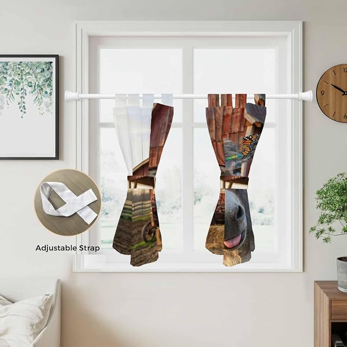 Farm Donkeys Kitchen Curtains 45 Inch Length, Short Cafe Window Curtains Tab Top