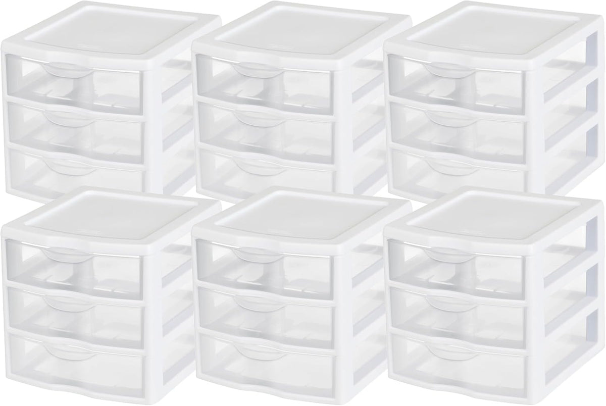 Sterilite Clearview Plastic Multipurpose Small 3 Drawer Desktop Storage Organization Unit for Home, Classrooms, or Office Spaces, White, (Pack of 6)