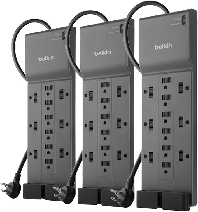 Belkin 12-Outlet Surge Protector Power Strip w/ 12 AC Outlets & 8ft Flat Plug, UL-Listed Heavy-Duty Extension Cord for Home, Office, Travel, Computer, Laptop, Charger - 3,940 Joules, Pack of 3