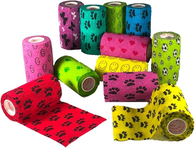 Prairie Horse Supply 3 Inch Vet Wrap Tape Bulk (Black, Red, Yellow and Black Paw Prints on Yellow, Red, Teal) (Pack of 24) Self Adhesive Adherent Adhering Flex Bandage Grip Roll for Dog Cat Pet