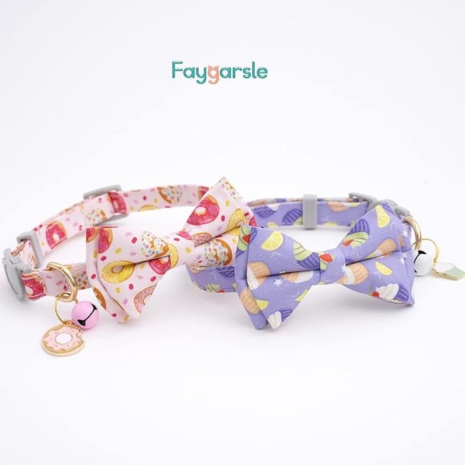 Faygarsle 2 Pack Cute Breakaway Cat Collar With Bell and Bowtie for Male Female Cats - Soft Fancy Pink Purple With Ice Cream Doughnuts Pattern - Summer Collar for Boy Girl Cats