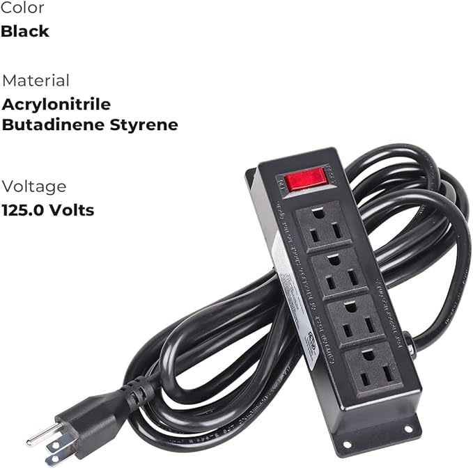 Mountable Power Strip with 4 Outlet, Wall Mount Under Desk Power Strip with 10ft Cord, Flat Plug Power Socket for Home, Office, Industrial, Black