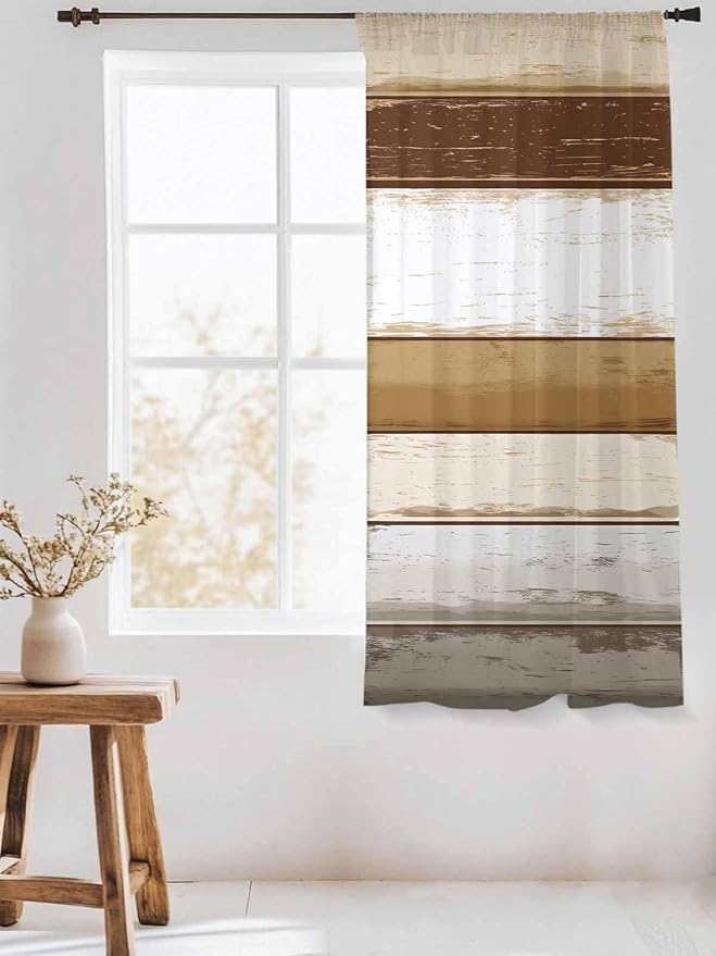 Sheer Curtains 72 Inches Long, Vintage Country Geometric Striped Privacy Voile