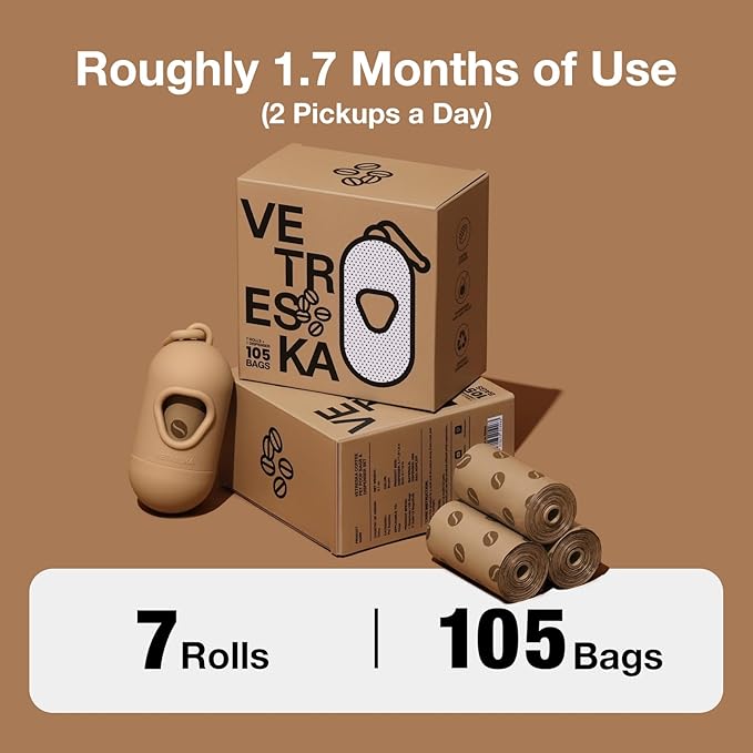 VETRESKA Dog Poop Bags Dispenser with Coffee Scented Waste Bags, Leak Proof, Extra Thick & Strong, 1 Holder and 105 Count Pet Poop Bags (7 Refill Rolls) for Dogs and Cats