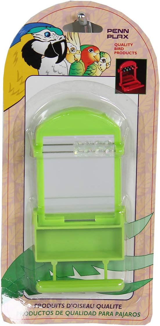 Penn-Plax Bird Life Perch Mirror with Cup - Interactive Bird Mirror for Cage with Beads & Seed Holder - Stimulating Toy - Perch Accessory for Parakeets, Finches, and Small Birds - 2.5 x 3.5 Inches
