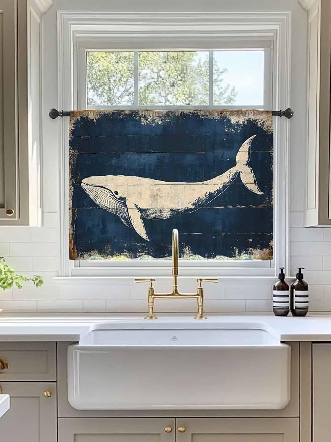 Sheer Curtains 54 Inch Length, Ocean Whale Blue Semi Sheer Curtains Light