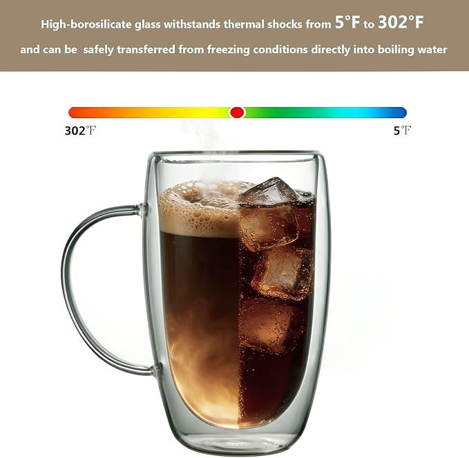 DINGPAI 15 oz Double Walled Glass Coffee Mugs, Large Coffee Mug
