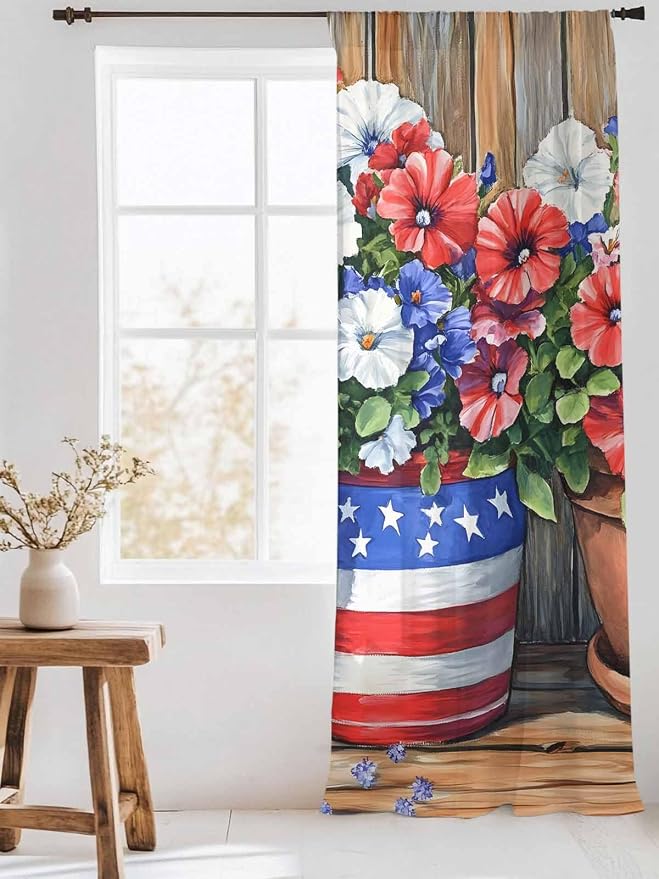Sheer Curtains 108 Inches Long, Retro Independence Day Flag Wood Grain Privacy