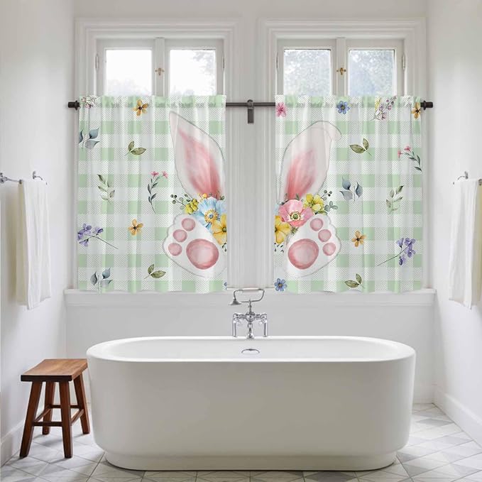 Easter Kitchen Tier Curtains 45 Inch Long 2 Panel Set, Rod Pocket Short Window