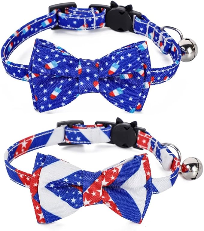2-Pack Breakaway Cat Collars with Removable Double-Layer Bow Tie and Bell for Boy and Girl Cats Safety Kitten Collars Suitable for Festivals and Daily. (Independence Day 2)