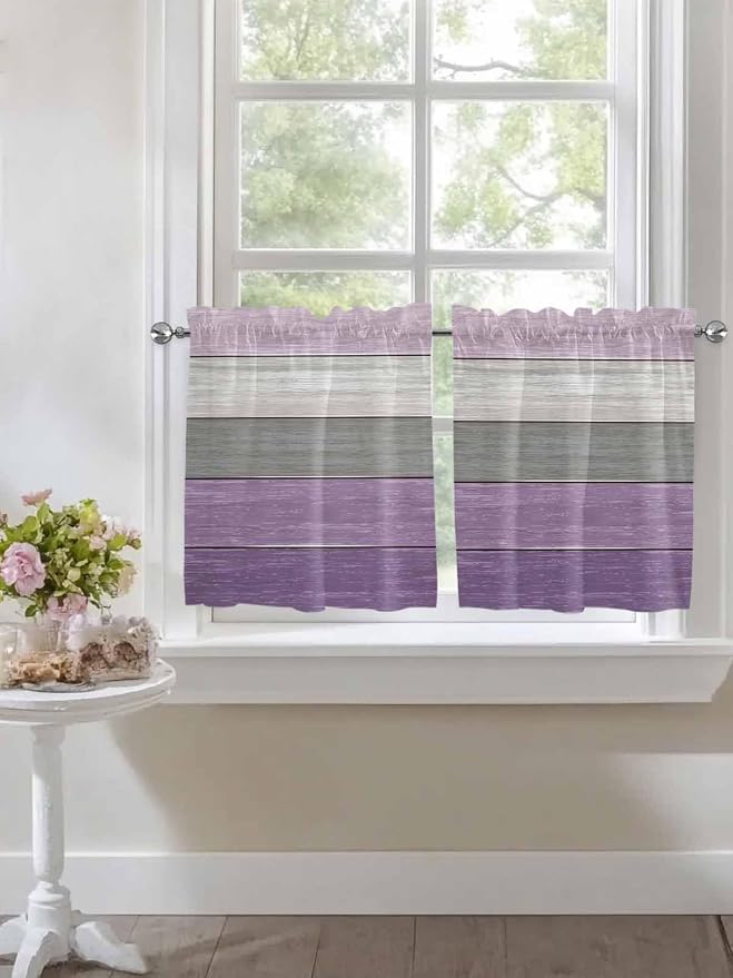 Country Wood Board Gray Purple Window Valance Curtains, Farmhouse Gradient