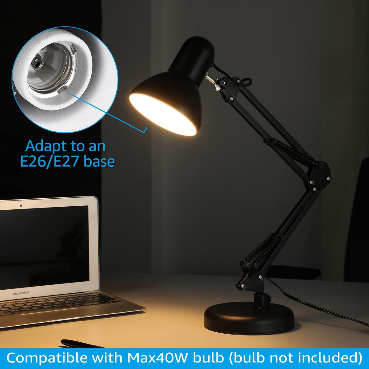TORCHSTAR Metal Desk Lamp, Adjustable Swing Arm, E26, Black (Pack of 2)