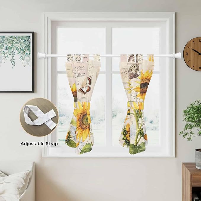 Yellow Sunflowers Kitchen Curtains 45 Inch Length, Short Cafe Window Curtains