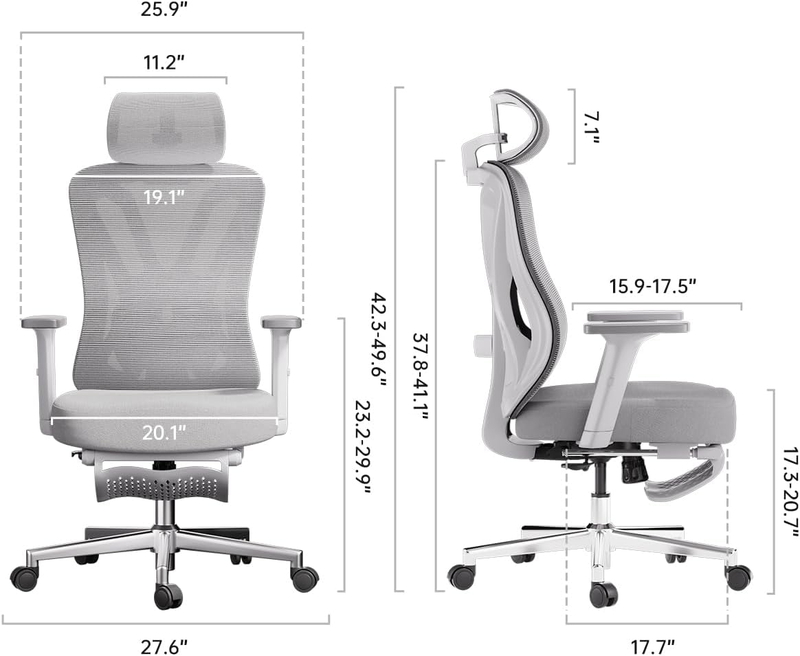 Hbada P5 Ergonomic Office Chair, Desk Chair with Adjustable Lumbar Support and Height, Comfortable Mesh Computer Chair with Footrest 2D Headrest, Swivel Tilt Function White