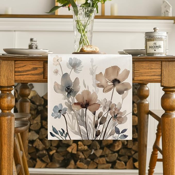 Artoid Mode Brown Poppy Floral Leaves Spring Table Runner, Seasonal Summer