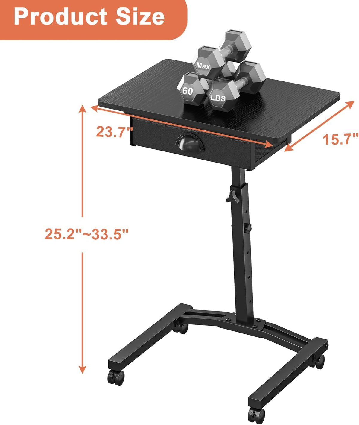 Rolling Adjustable Height Computer Desk With Drawers, Small Mobile Laptop Desk Cart On Wheels For Small Spaces Home Office, Portable Sitting Laptop Table For Bed Couch Load Up To 60LBS, Sturdy, Black