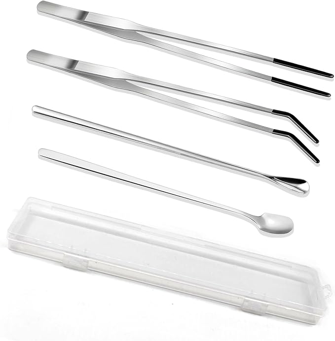4-Piece Stainless Steel Reptile Feeding Tongs & Spoons Set – Curved/Straight Tweezers,Spoons, Rubber Tips for Bearded Dragons,Aquarium/Terrarium Safe Feeding Tools