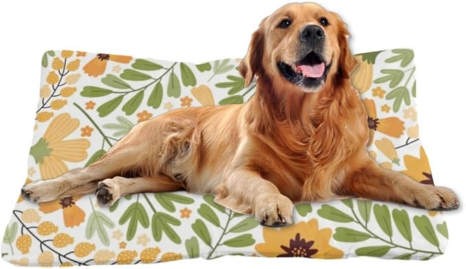 Natural Yellow Floral Green Dog Bed Machine Washable Dog Bed Crate Mat Pad for Crate Small Washable Non-Slip Cushion for Cage Small Mat Kennel Pillow Dogs Indoor Outdoor 24X18 Inch