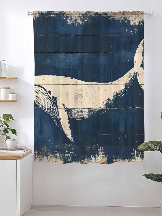 Sheer Curtains 63 Inch Length, Ocean Whale Blue Semi Sheer Curtains Light