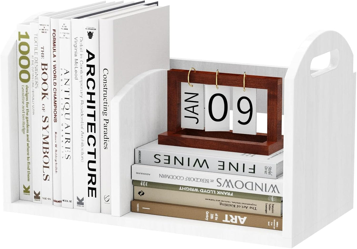 100% Solid Wood Adjustable Desktop Bookshelf, Retro Tabletop Book Shelf File Holder, Vertical Bookshelf Divider Desk Shelf for Home School Office Organization, Perfect for Books Magazine (White)