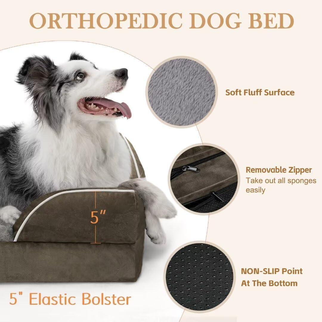 Comfort Expression Orthopedic Memory Foam Dog Beds, XL Dog Beds for Extra Large Dogs, Washable Dogs Beds with Removable Cover, Waterproof Pet Sofa Couch with Bolster(X-Large,Olive Green)