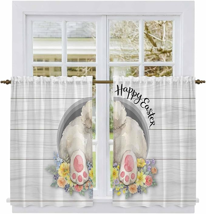 Easter Bunny Kitchen Tier Curtains 45 Inch Long 2 Panel Set, Rod Pocket Short
