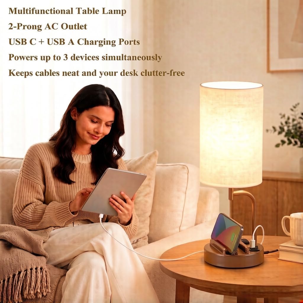 Dreamholder Touch Control USB Table Lamp with USB C/A & AC Outlet, 3-Way Dimmable Bedside Lamp, Modern Nightstand Lamps for Bedroom Living Room Guest Room Office, Bulb Included, Brown