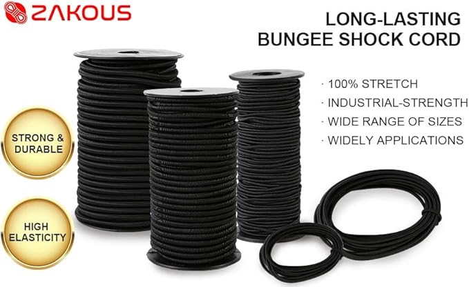 Strong and Durable Bungee Cord Roll - 1/8" x 100ft Elastic Cord, Kayak Stretch String Rope, Bungee Shock Cords for Repairing Tent Poles, DIY, Tie Downs, Black