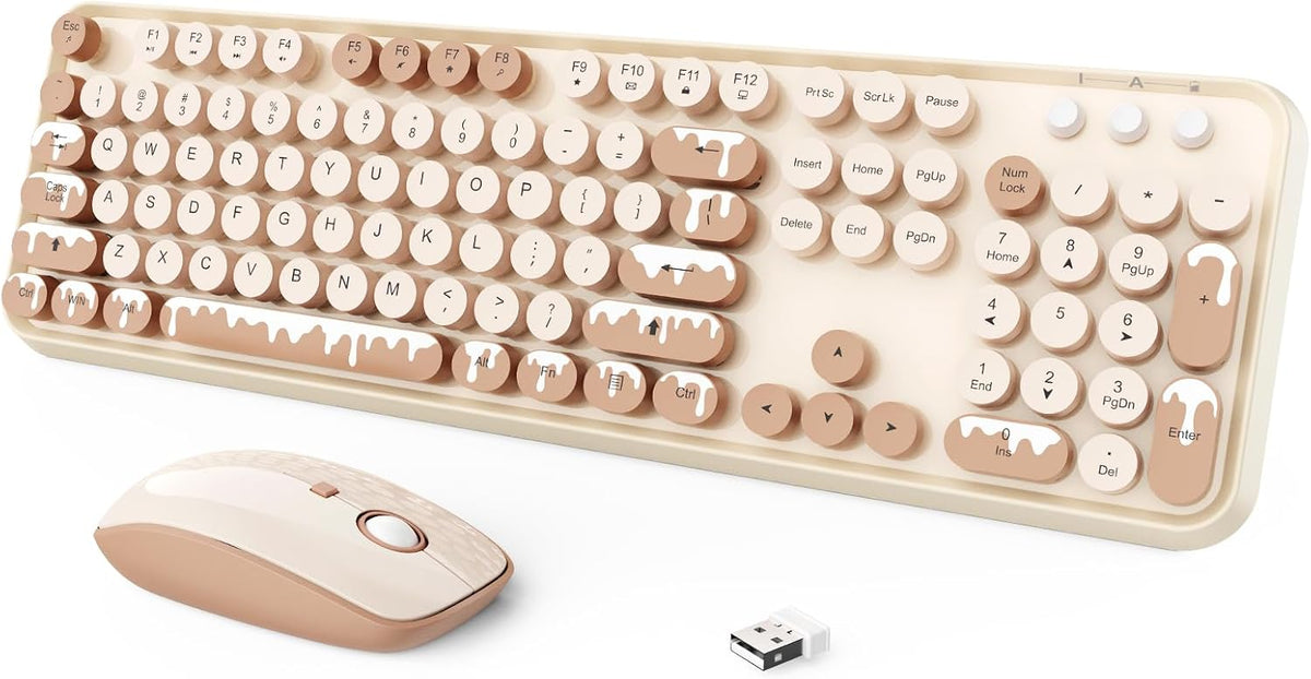 Wireless Keyboard and Mouse Combo, 2.4 GHz Wireless Full-Sized Typewriter Keyboard with Round Keycaps for Windows, Computer, Desktop, PC, Laptop (Ice Cream)