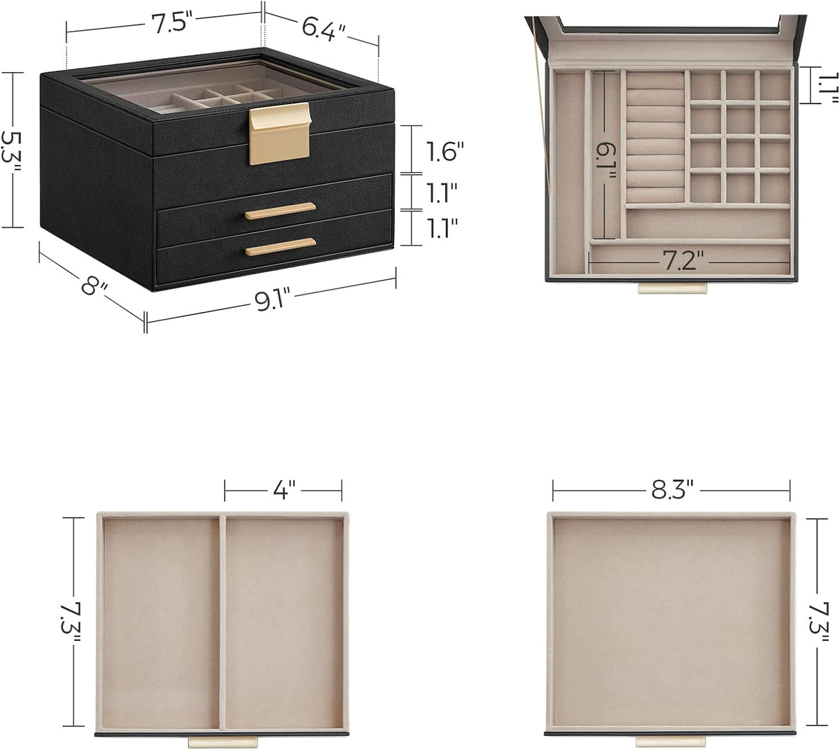 SONGMICS Jewelry Box Organizer, 3-Layer Storage with 2 Drawers, Glass Lid