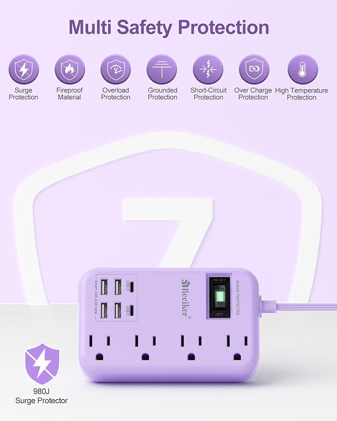 6 USB(2 USB C) Purple Surge Protector Power Strip- 10 Ft Purple Extension Cord with 24W USB Charging Station and 4 Outlets, Pink Desk Accessories for Cute Kawaii Lavender Travel Dorm Room
