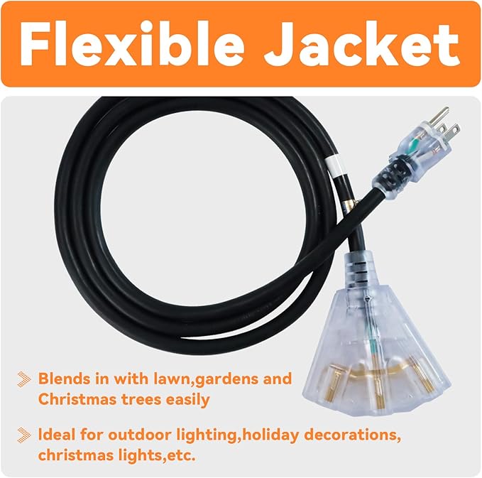 EP 30 Ft 12 Gauge Heavy Duty Extension Cord, 15A 125V 1875W, 3 Outlet Indoor/Outdoor Power Cord with Lighted End, 12/3 SJTW Weatherproof Black, UL Listed