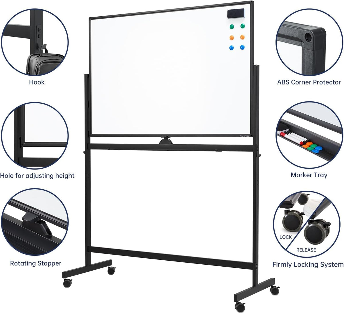 TSJ OFFICE Large Rolling Whiteboard - Dry Erase Magnetic 48 x 32 Inches White Board Height Adjust Double Sides Mobile Portable Easel on Wheels, Dry Erase Board with Stand for Office, Home & Classroom